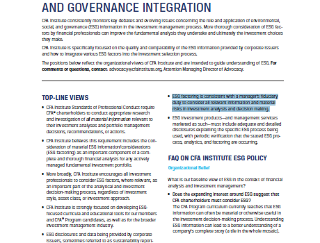 CFA Institute Positions on ESG integration – “Welcome back to the fight. This time I know our side will win.” CFA Institute Positions on ESG integration – “Welcome back to the fight. This time I know our side will win.”